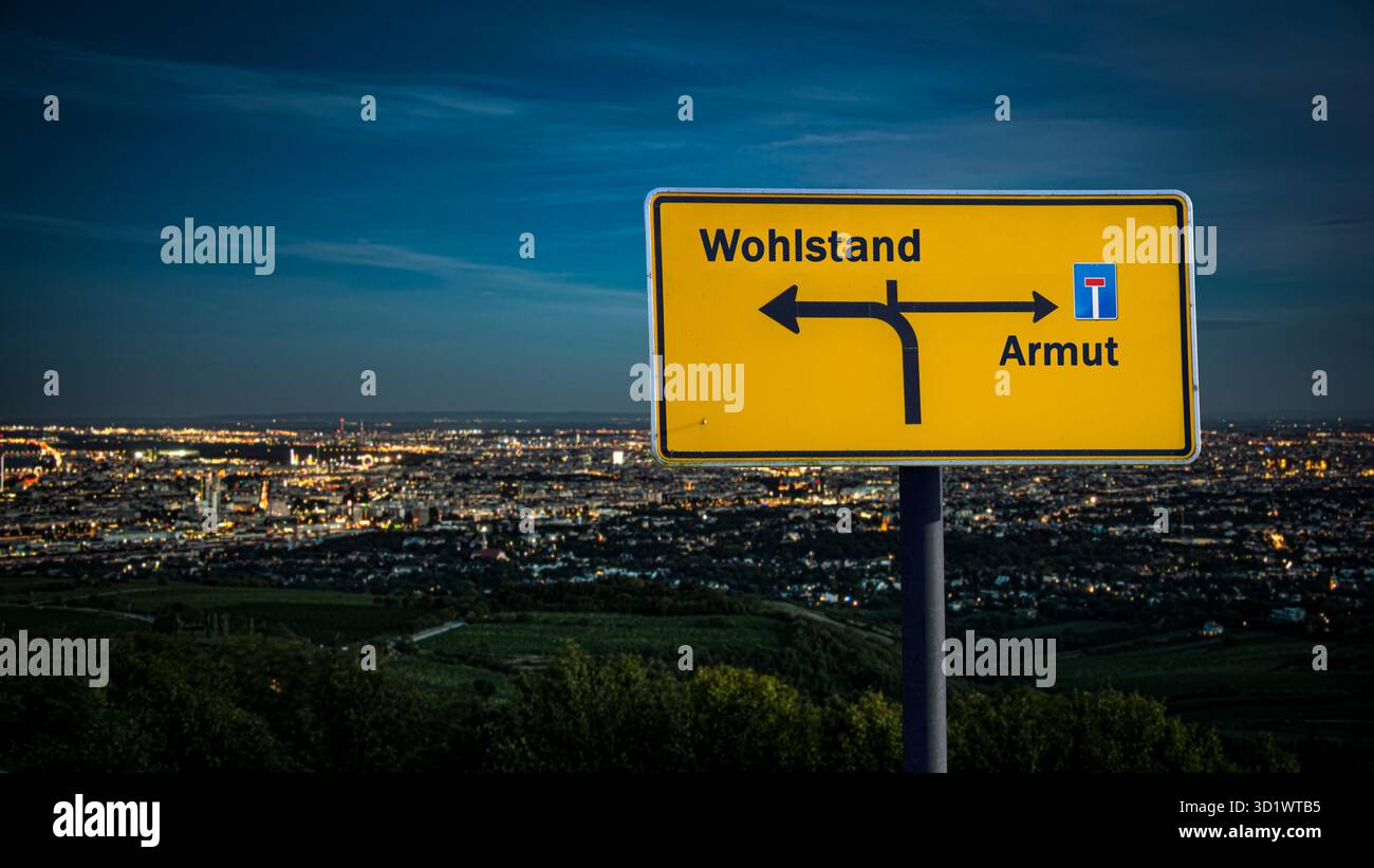 Indica la via diretta verso la ricchezza contro la povertà - Bildmontage Foto Stock