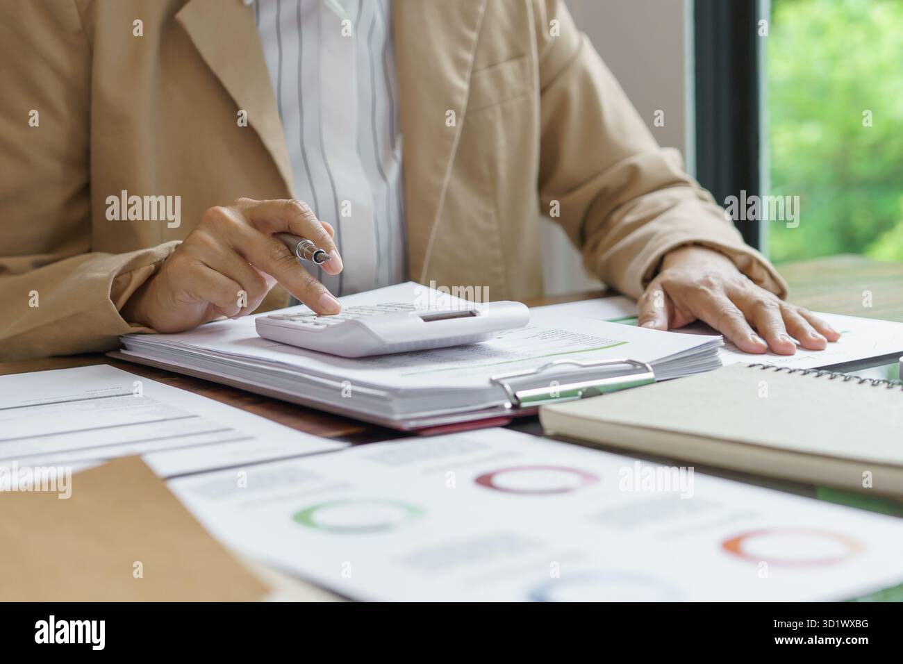 Donna d'affari che lavora in uno spazio di lavoro moderno e rispettoso dell'ambiente idee creative per investitori professionali ecocompatibili Foto Stock