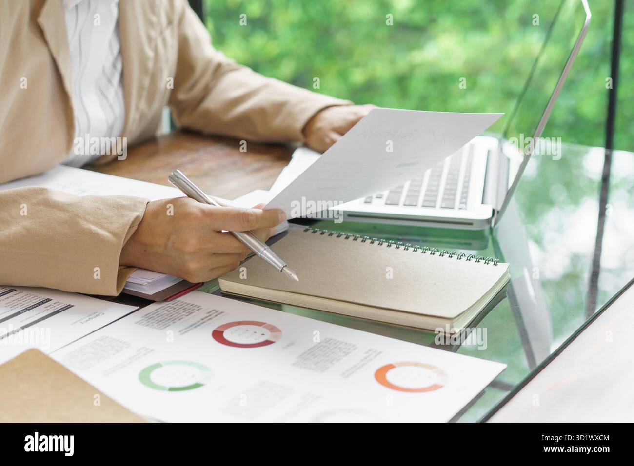 Donna d'affari che lavora in uno spazio di lavoro moderno e rispettoso dell'ambiente idee creative per investitori professionali ecocompatibili Foto Stock