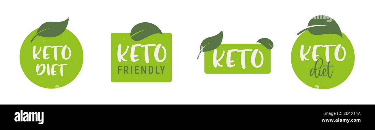 Keto dieta etichetta verde lascia sana icona organica. Keto dieta nutrizione a basso contenuto di carboidrati chetogeni icona ecologica. Illustrazione Vettoriale