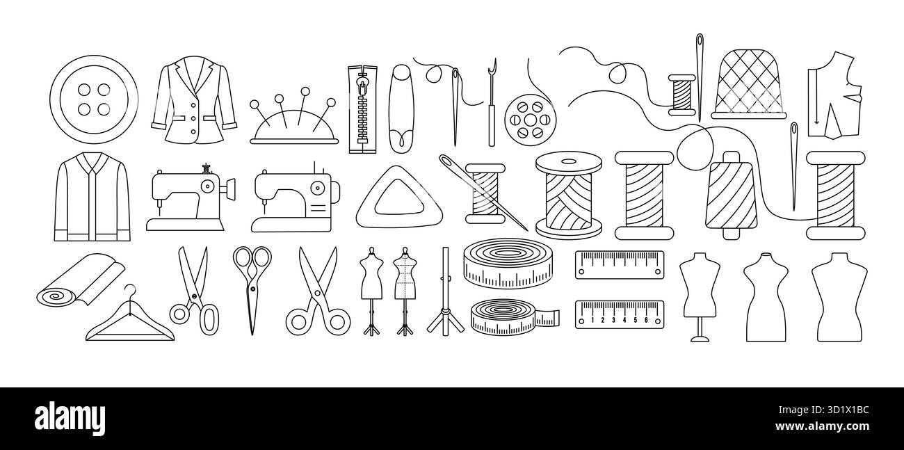 Set di icone di linea per cucire, sartoriali e indumenti, filo, ago, forbici, manichino, metro a nastro, pulsante, righello e macchina da cucire. Illustrazione Vettoriale