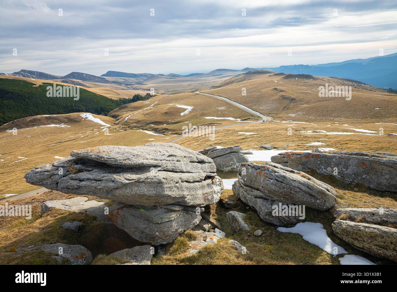 Colline ondulate con rocce e macchie di neve sui monti Bucegi, Romania Foto Stock