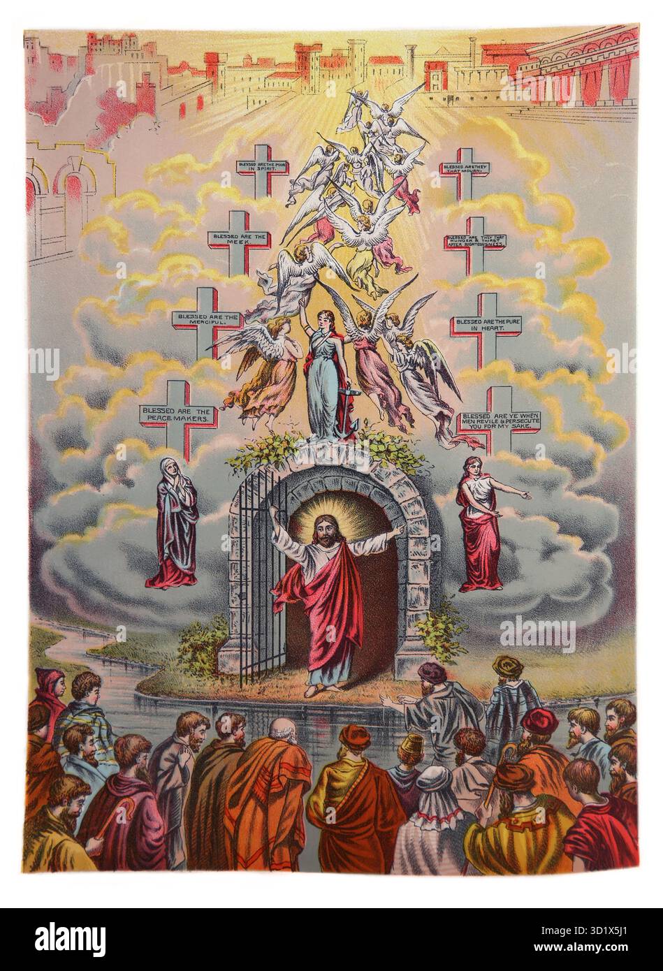 Illustrazione di persone che aspettano davanti a Gesù Cristo alla porta del cielo con la speranza sopra di essa con gli Angeli che assaltano il cielo con le Beatitudini del sermone Foto Stock