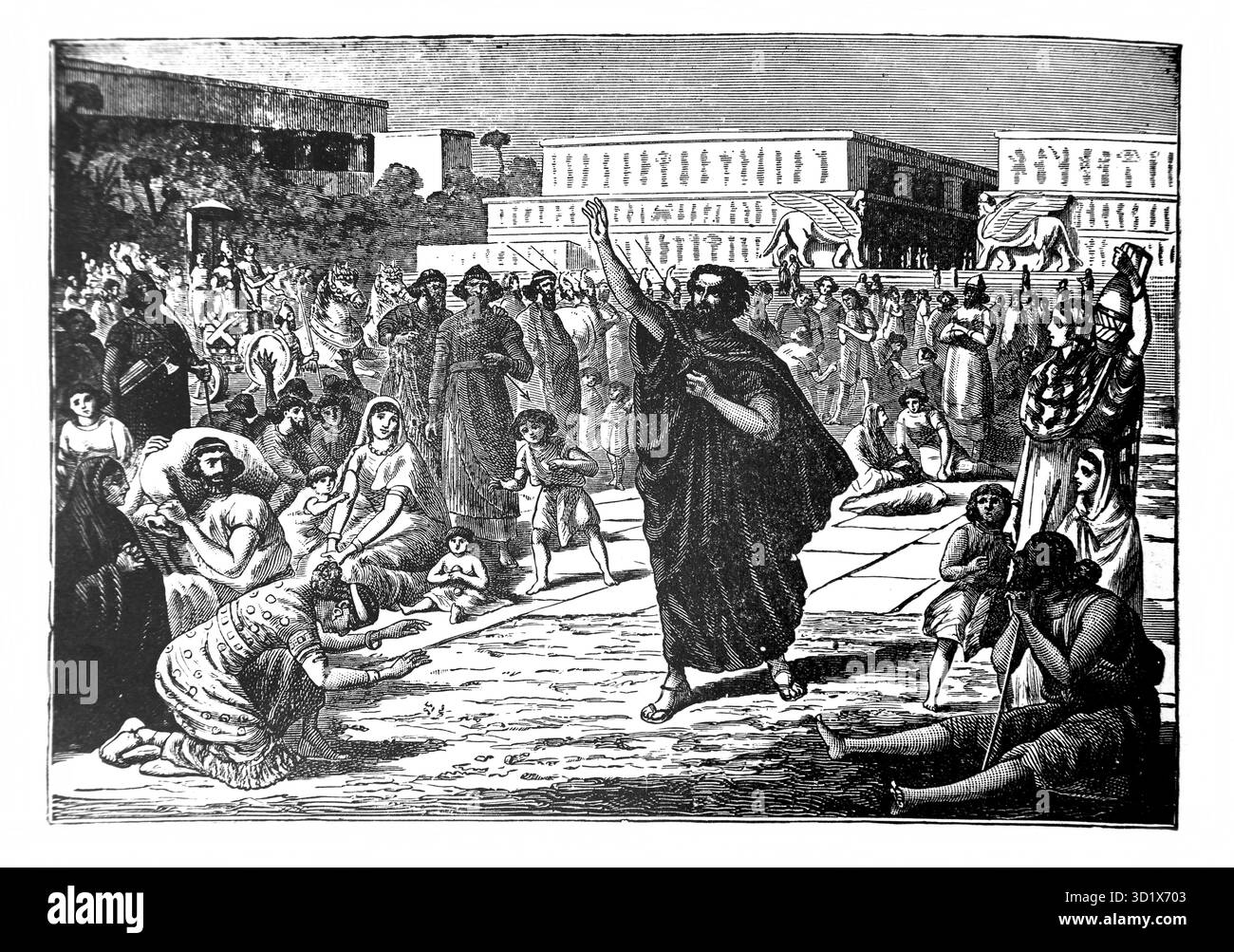 Illustrazione di Jonah che predicava a Ninive (Jonah) dall'edizione 1890 di The Beautiful Story Golden Gems of Religious Thought di J.W.Buel Foto Stock