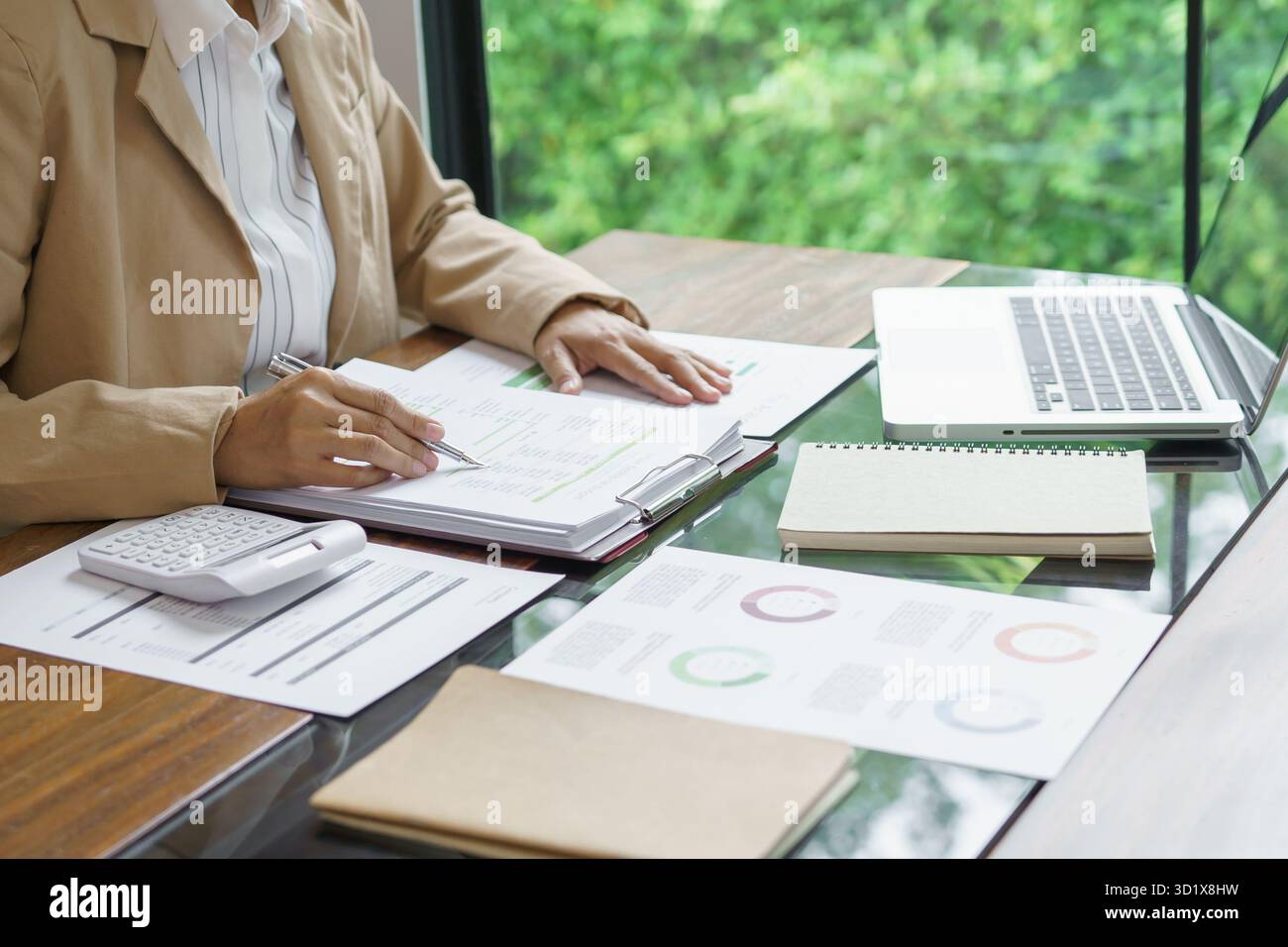 Donna d'affari che lavora in uno spazio di lavoro moderno e rispettoso dell'ambiente idee creative per investitori professionali ecocompatibili Foto Stock