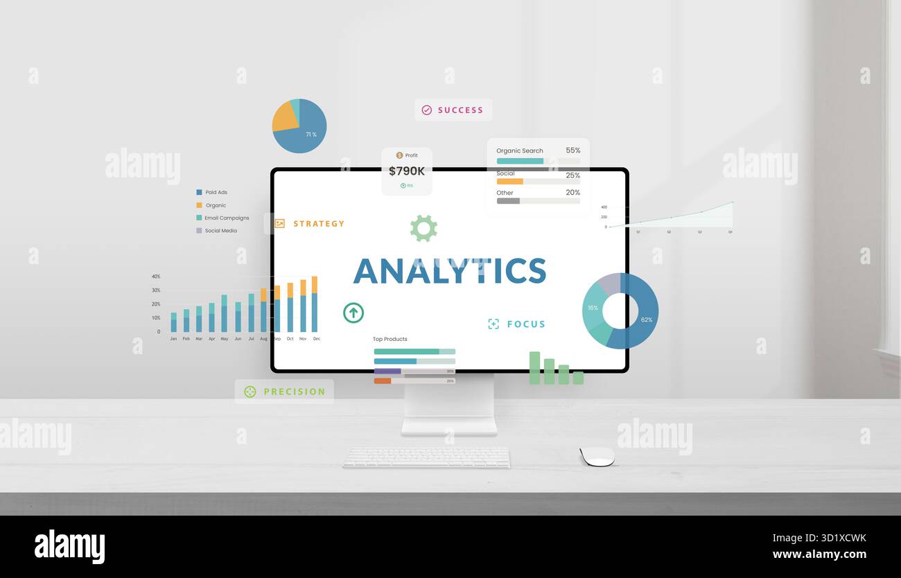 Moderna scrivania da ufficio con schermo digitale che visualizza grafici analitici e icone colorate che rappresentano la concentrazione, la strategia e l'innovazione nelle agenzie creative Foto Stock