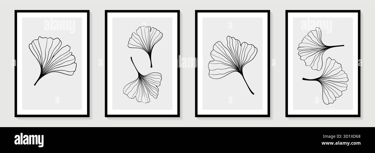 Set di creativi disegni a mano minimalisti contorno floreale il ginkgo biloba lascia uno sfondo bianco e nero lineare. per la decorazione delle pareti Illustrazione Vettoriale