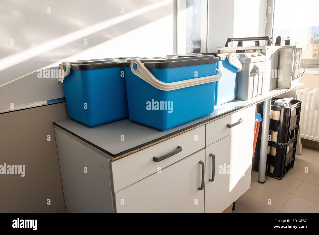 Accessori e contenitori posizionati su un banco da laboratorio, utilizzati per la raccolta e la conservazione di campioni d'acqua per l'analisi ambientale. Foto Stock