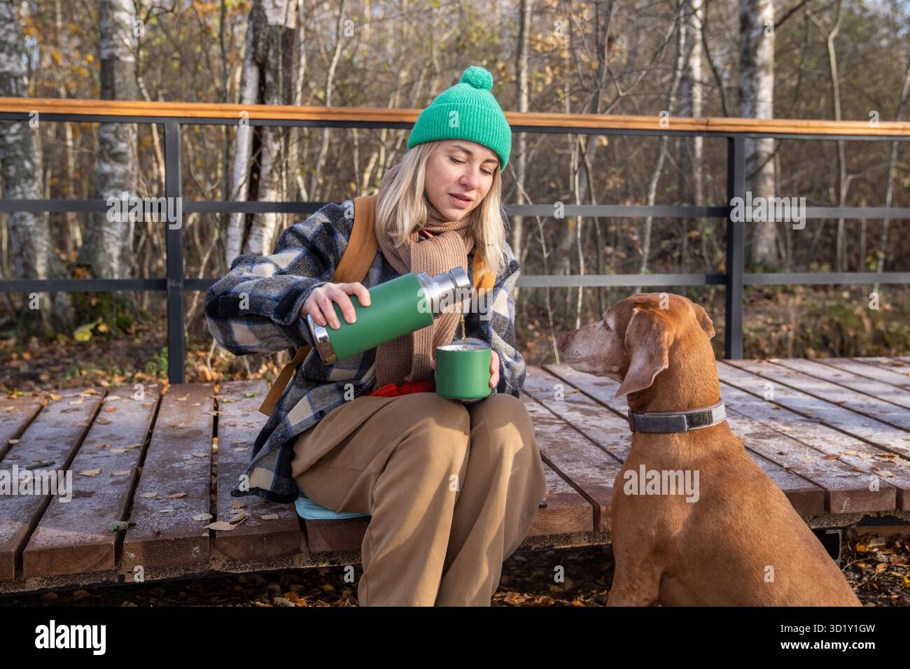 Donna che versa il tè dal thermos seduto su un sentiero di legno nel parco autunnale viaggiando con il cane. Foto Stock