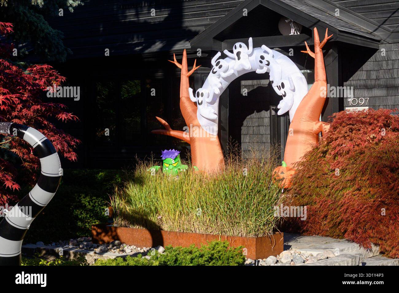 TORONTO, CANADA – 29 OTTOBRE 2025: Le decorazioni di Halloween sono allestite in una casa residenziale prima della vacanza. Foto Stock