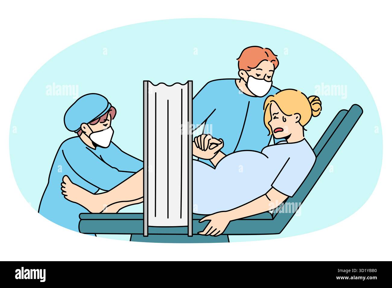 Donna incinta partorisce il bambino in ospedale. Donna nel lavoro in clinica. Nascita e maternità. Chirurgia della sezione C. Concetto di gravidanza. Vettore illu Foto Stock