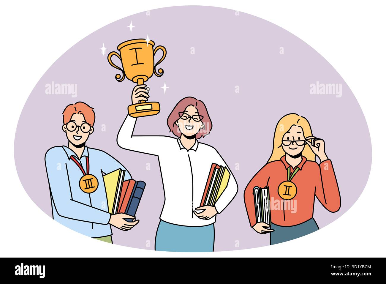 Donna sorridente motivata che tiene il trofeo d'oro vincere primo posto. Felice gente intelligente vincitori in concorso. Educazione e successo, realizzazione personale Foto Stock
