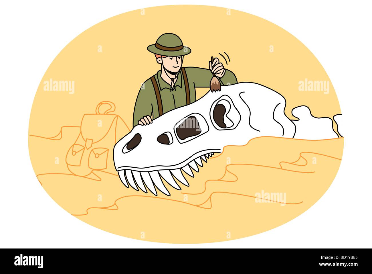 Lo studio paleontologo dei resti di dinosauro presso il sito archeologico. Uomo scienziato che lavora con vecchi scavi animali. Paleontologia e scienziato. Illlust vettoriale Foto Stock