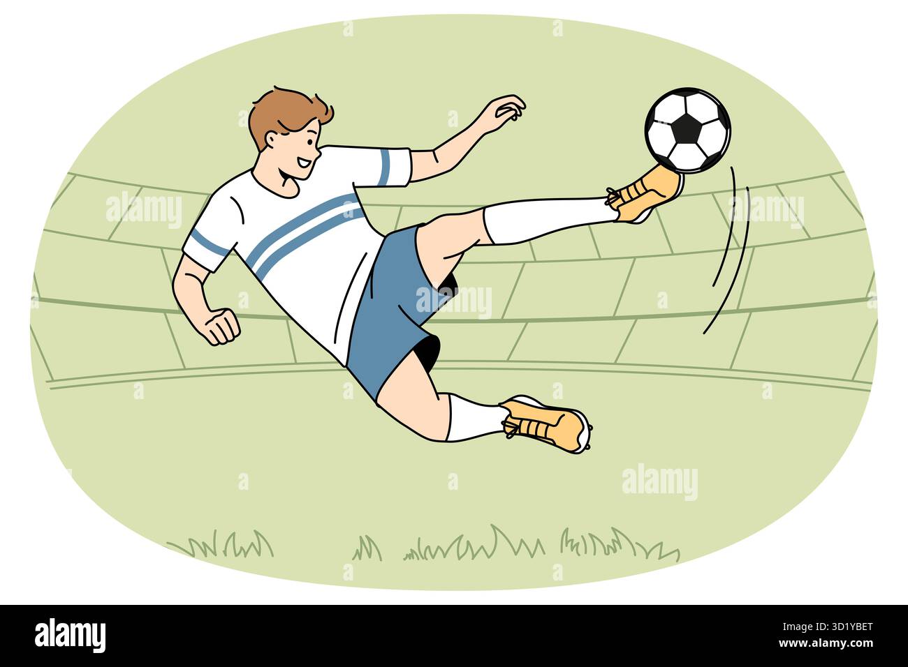 Calciatore calcio pallone sul campo. Calciatore in gol punteggio uniforme nella partita. Concetto di sport e gioco. Illustrazione vettoriale. Foto Stock