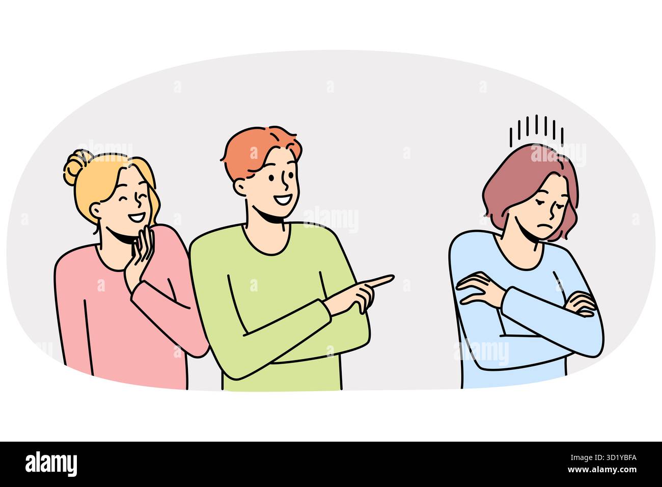 La gente unfriendly ride alla ragazza solitaria che indica lei. Gli studenti cattivi si fanno baffi a proposito di una femmina. Concetto di beffa e bullo. Illlust vettoriale Foto Stock