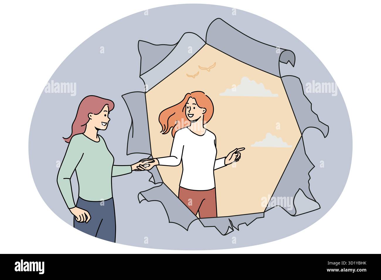 Donna aiutare amico sbarazzarsi di depressione o ansia. Il caregiver allunga la mano aiutante alla femmina che lotta con i problemi mentali. Nuova vita e stress r Foto Stock