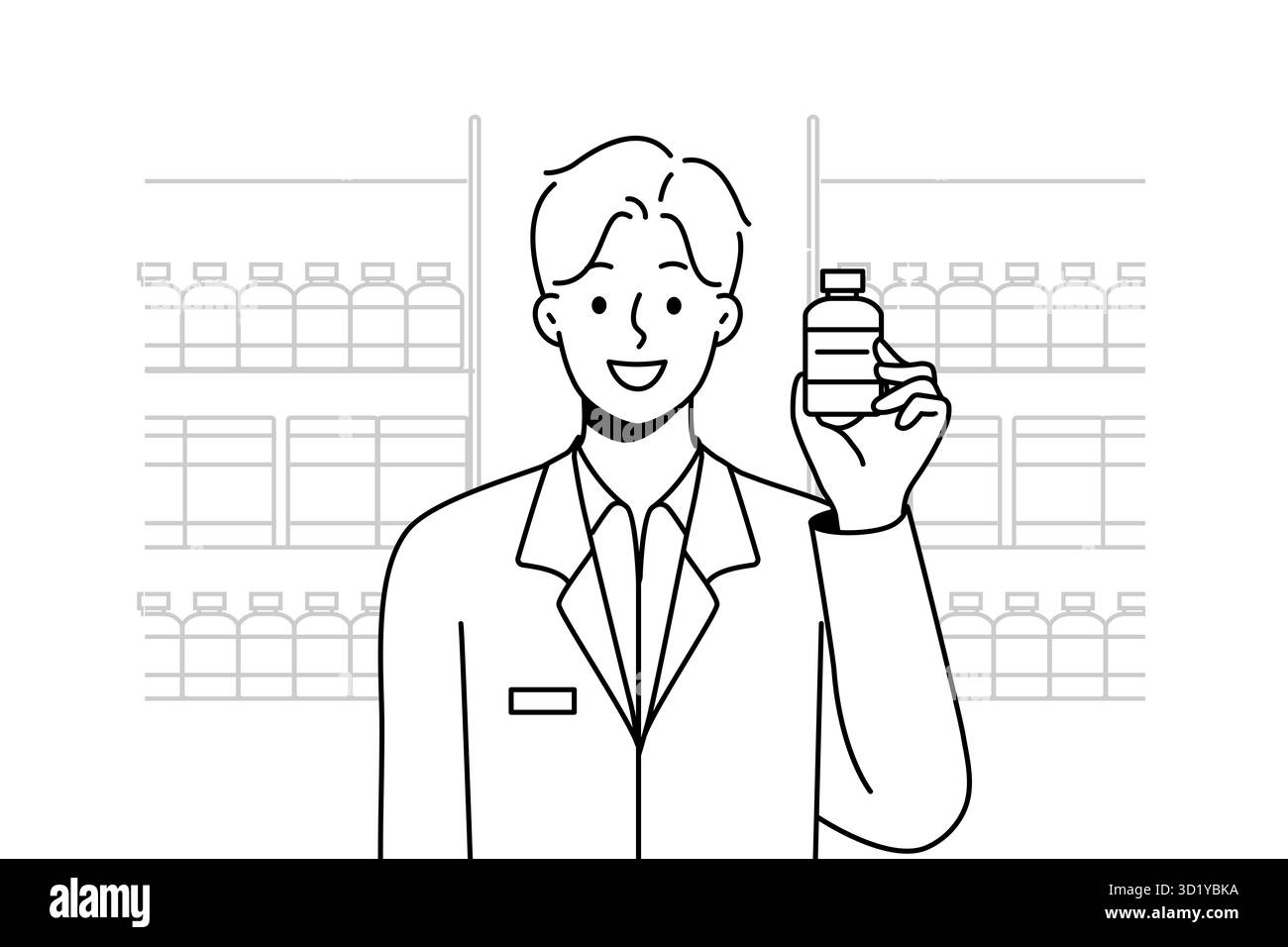 Sorridente farmacista maschile in uniforme medica tenere in mano il flacone. Uomo felice specialista o professionista consiglia farmaci o farmaci. Sanità e medicina Foto Stock