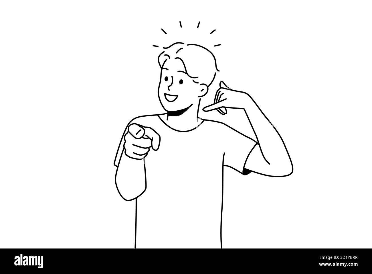 Un ragazzo sorridente che fa un gesto di mano chiedendo di richiamare. Uomo felice dimostrare il segnale di richiamata. Comunicazione non verbale. Illustrazione vettoriale. Foto Stock