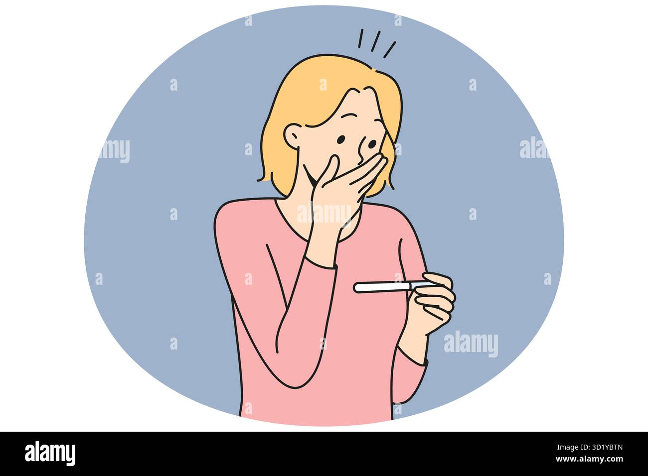 Donna stordita che guarda alla prova per conoscere la gravidanza. Donna sorpresa scioccata con le notizie di gravidanza. Illustrazione vettoriale. Foto Stock