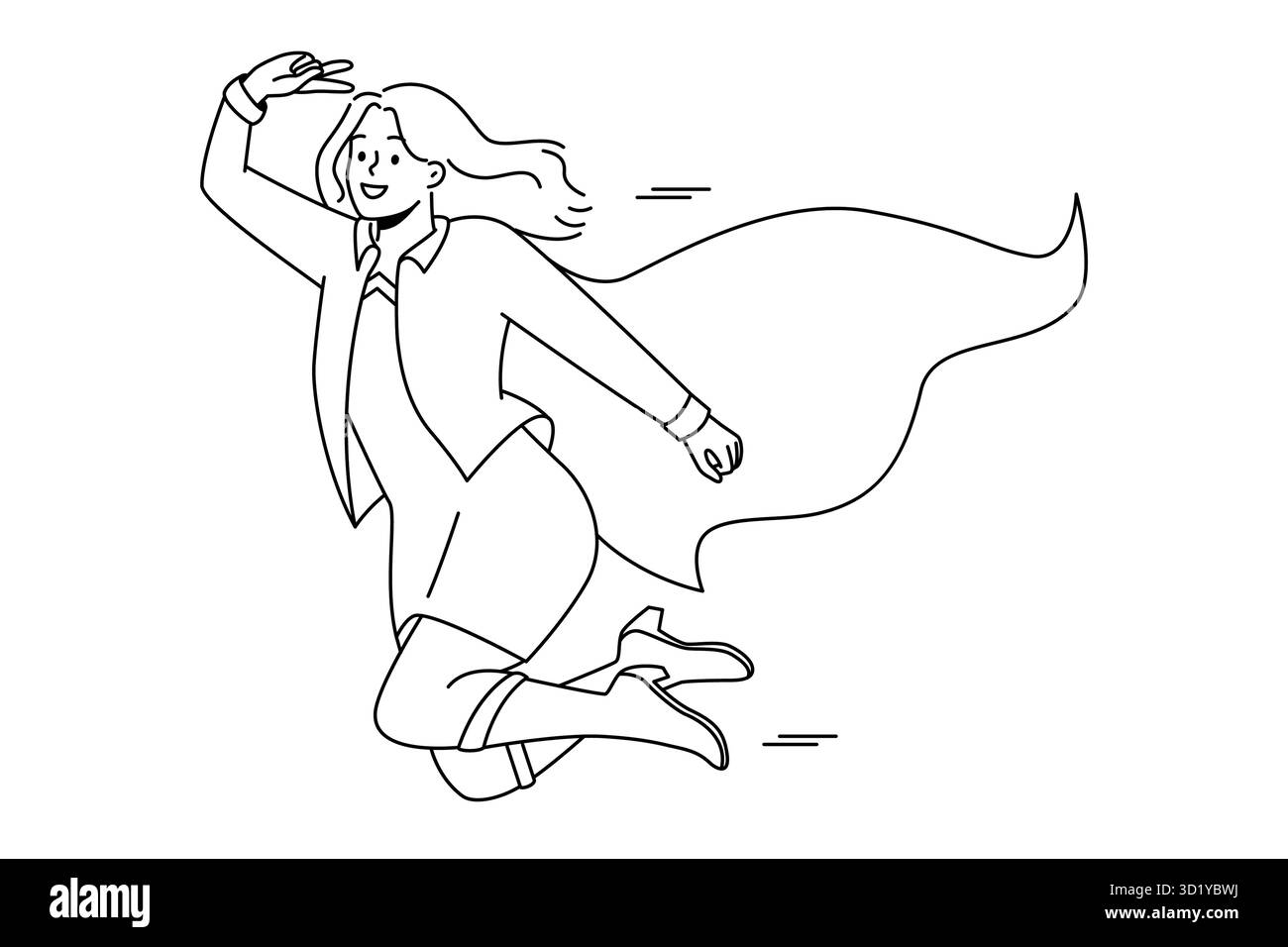 Donna d'affari sorridente in costume supereroe volando in cielo. Donna felice vestita come super eroe sentirsi motivati e di successo con il successo aziendale. V Foto Stock