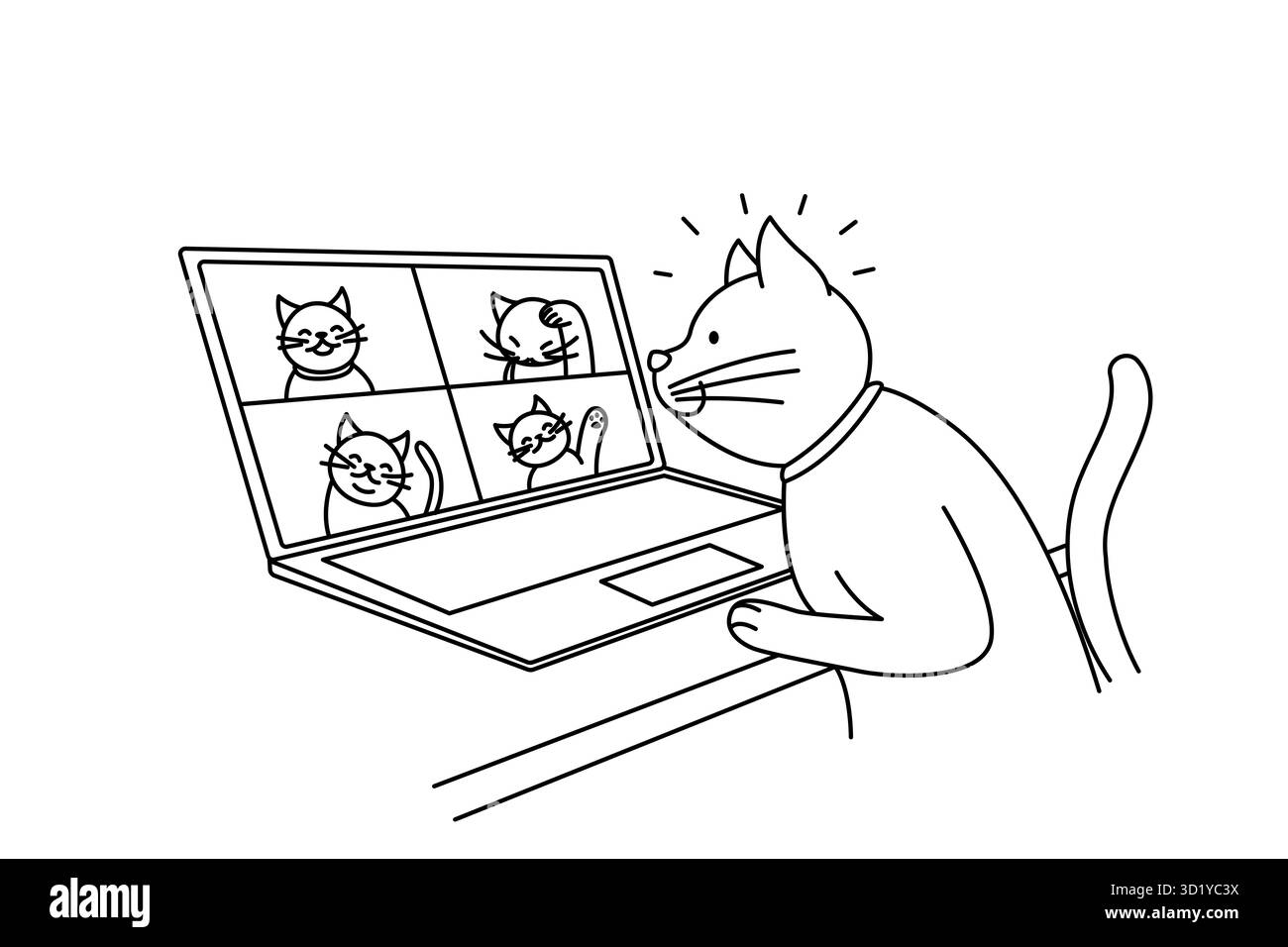 Carino gatto parlare in videochiamata con i gatti sul computer. Gli animali domestici hanno una conversazione con la webcam sul laptop con i cuccioli. Concetto di tecnologia. Illustrazione vettoriale. Foto Stock