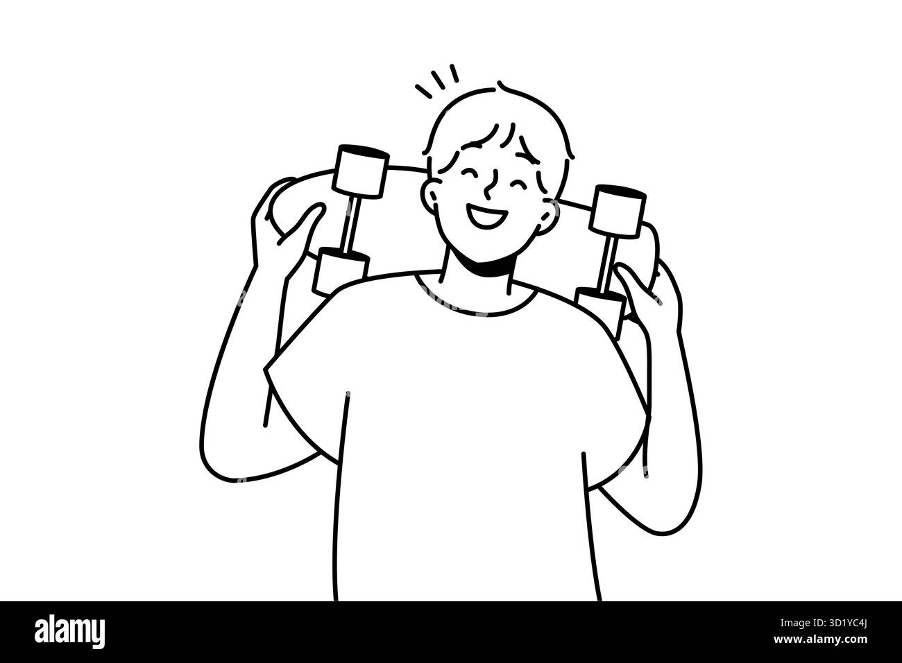 Un ragazzo sorridente che si posa con lo skateboard all'aperto. Felice giovane uomo con hobby e intrattenimento da tavola di pattinaggio. Illustrazione vettoriale. Foto Stock