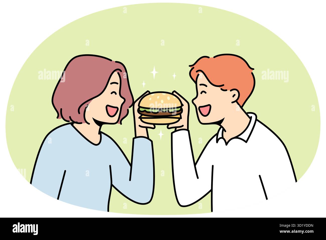 Coppia sorridente che mangia insieme gustosi hamburger. Buon uomo e donna gustano un delizioso hamburger. Fast food e catena di ristoranti. Illustrazione vettoriale. Foto Stock