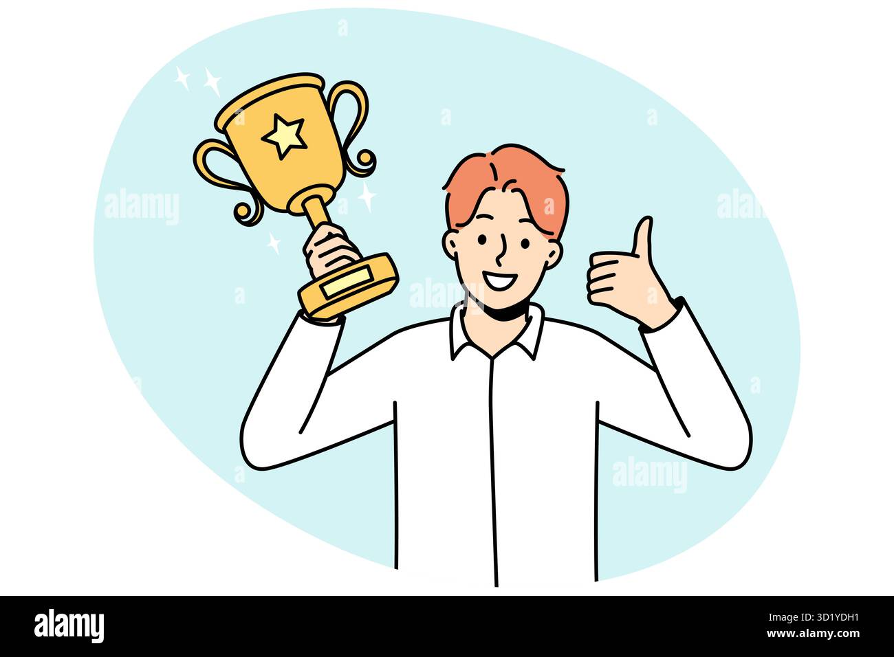 Giovane gioiosi con il premio d'oro in mano celebrare la vittoria. Uomo d'affari sorridente con il premio dorato o il pollice di esposizione del trofeo in su. Illustrazione vettoriale. Foto Stock