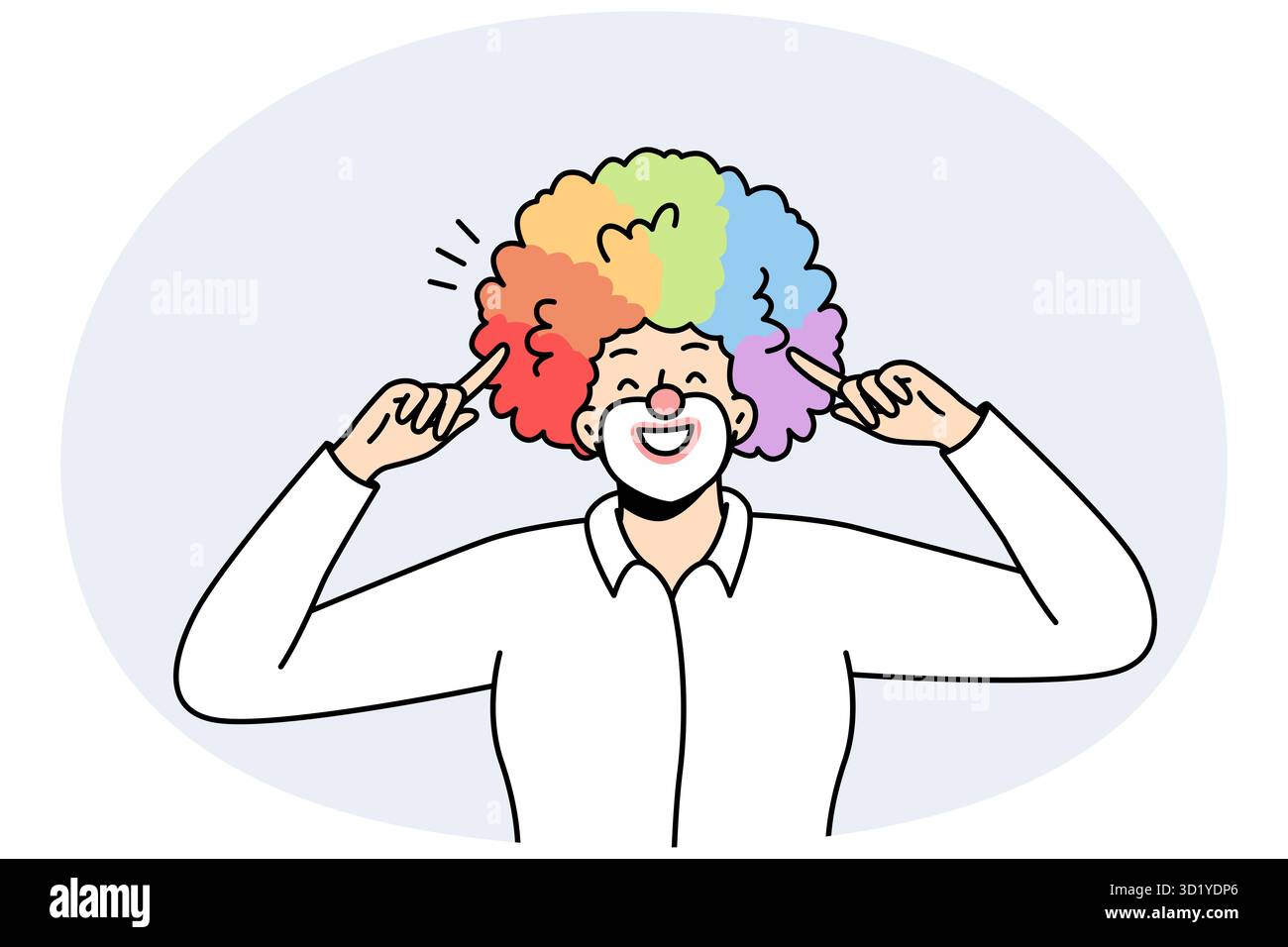 Ritratto di clown maschio che punta con le dita indice alla sua voluminosa acconciatura multicolore, la parrucca. LGBT sorridente con i capelli dell'arcobaleno. Orgoglio gay. Da Foto Stock