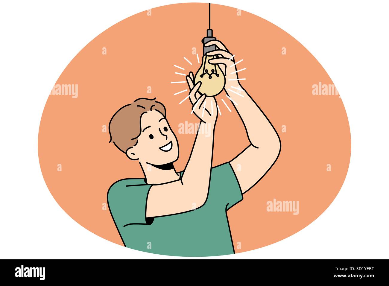 Giovane uomo sorridente che scava la lampadina a casa. Un ragazzo felice collega la lampadina per la luce in interni. Illustrazione vettoriale. Foto Stock