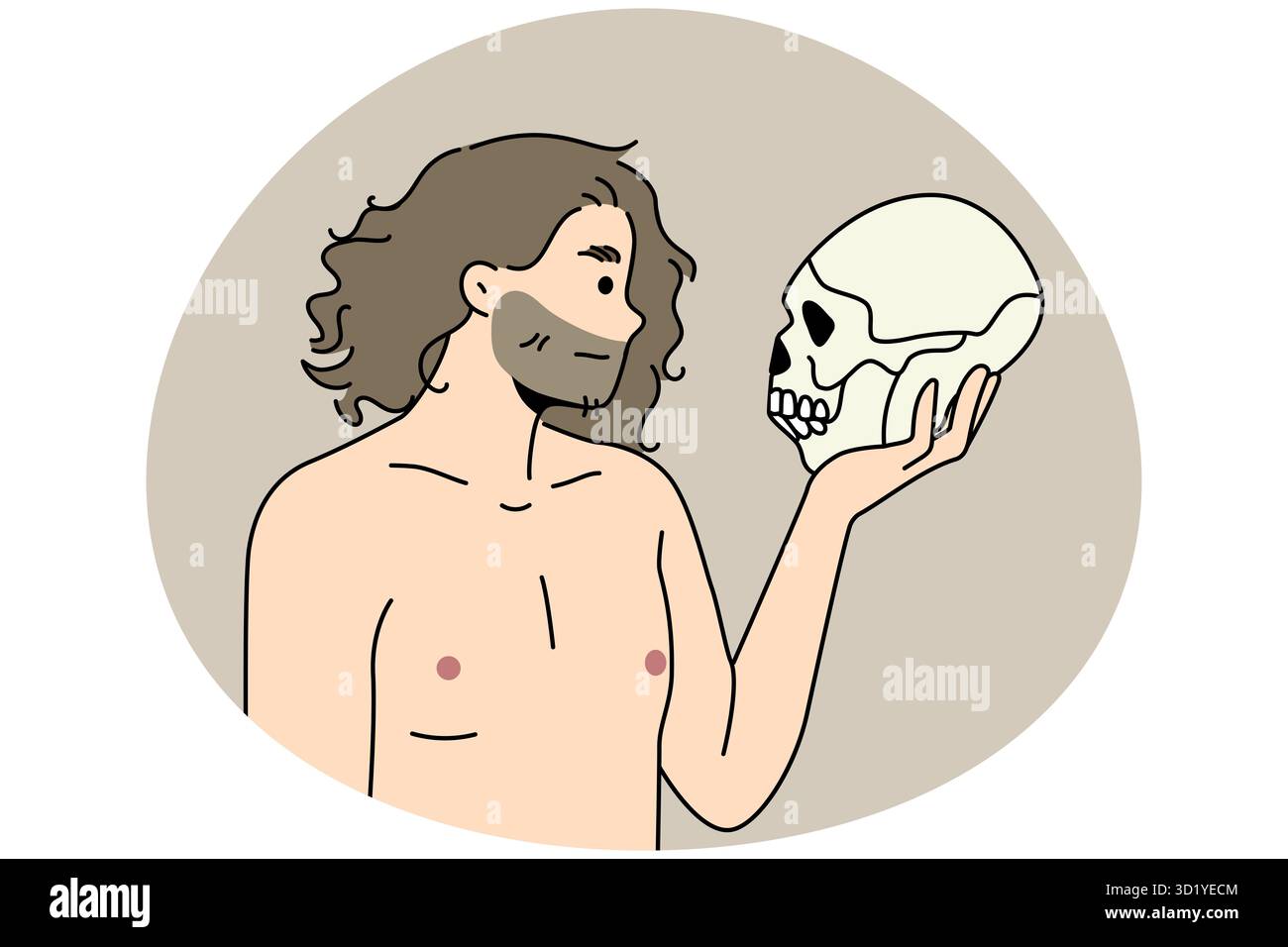 Uomo Neanderthal che tiene in braccio parlando con cranio antenato. Maschio preistorico con antica testa umana in mano. Illustrazione vettoriale. Foto Stock