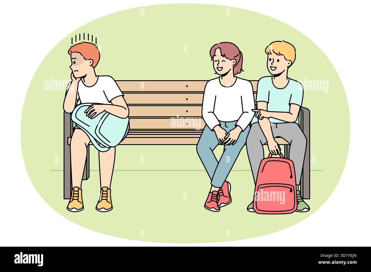 I bambini scortesi si divertono con il ragazzo solitario. Scolari bambini bullismo bambino seduto separatamente sulla panca. Scherno scolastico e discriminazione. Illustrazione vettoriale Foto Stock