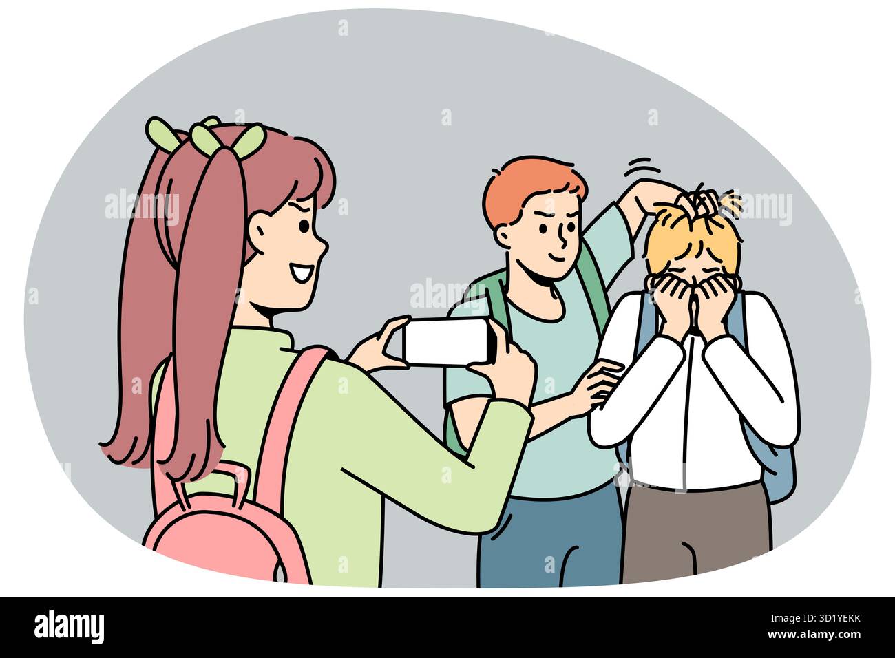 Gli scolari torturano il loro compagno di classe, ne scattano foto o girano video sullo smartphone. Scolaro soffre di bullismo, abuso fisico, violenza a. Foto Stock