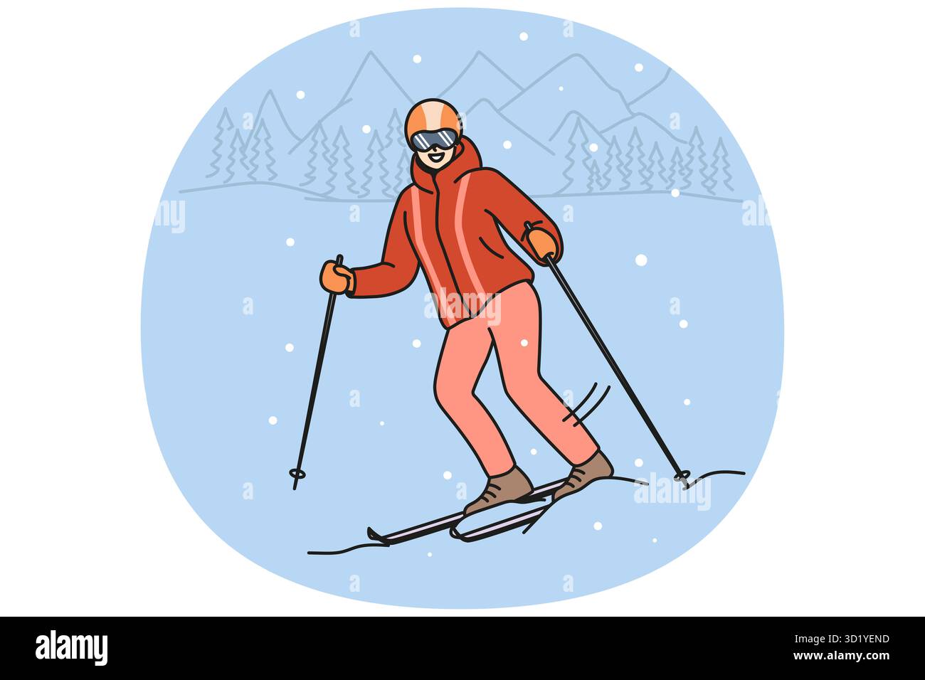 Donna sorridente in outerwear sci in montagna durante le vacanze invernali. Felice sciatore femminile in casco e occhiali di protezione godere di vacanze attive all'aperto. Vettore Foto Stock