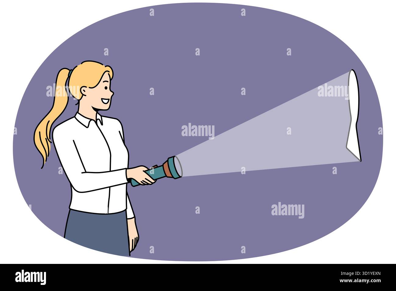 Donna sorridente che tiene la lampada lampo keyhole sulla parete. Donna felice con lanterna luce foro chiave. Illustrazione vettoriale. Foto Stock