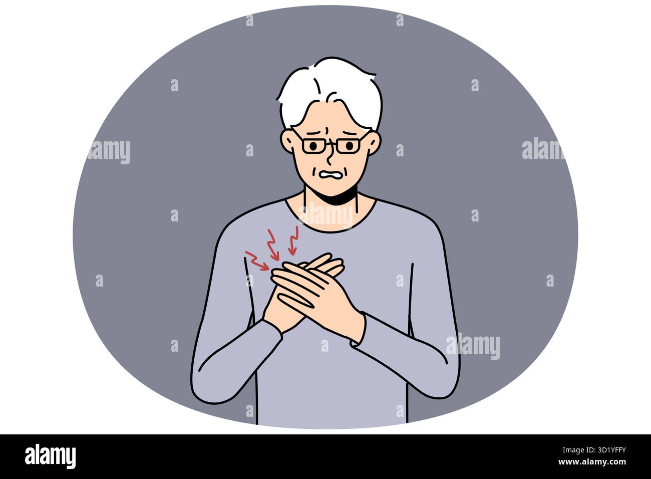 Nonno maturo malsano soffre di problemi cardiaci. Malessere vecchio uomo toccare lotta al petto con arresto cardiaco. Assistenza sanitaria agli anziani. Vettore illu Foto Stock