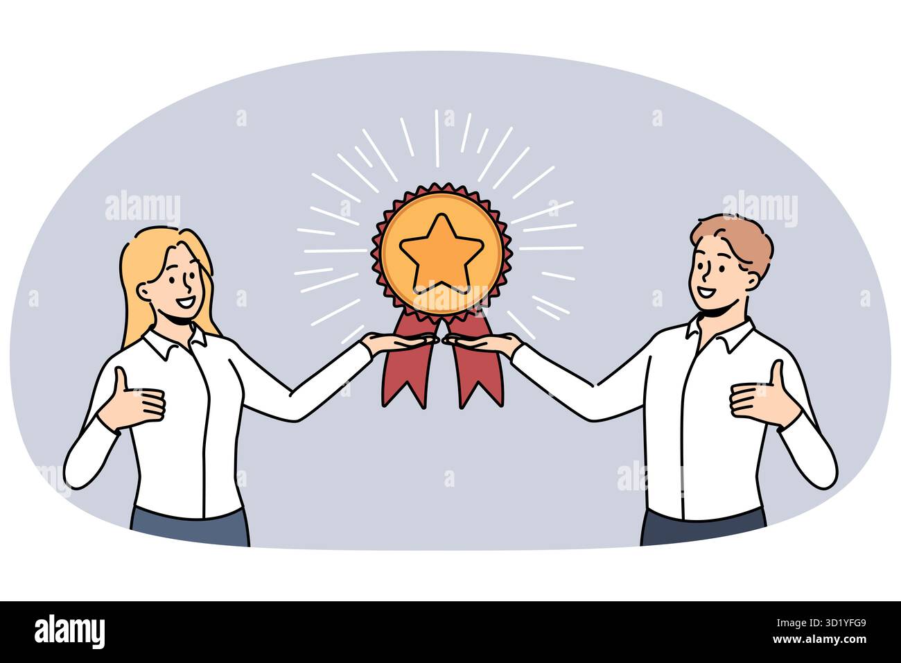 Sorridente businesspeople con la ricompensa dorata o il trofeo mostra pollice in su danno la raccomandazione. I dipendenti soddisfatti dimostrano il premio consiglia un buon servizio. VECTO Foto Stock