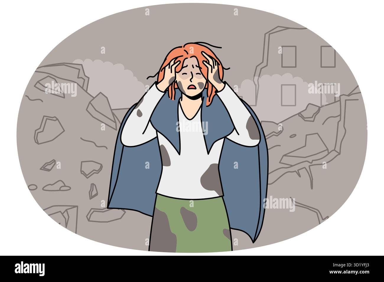 Donna infelice afflitta salvare dopo aver costruito bombardamenti e distruzione. Sconvolto spaventata donna a piedi in rovina dopo bombardamento casa. Crimine di guerra. Vettore ill Foto Stock