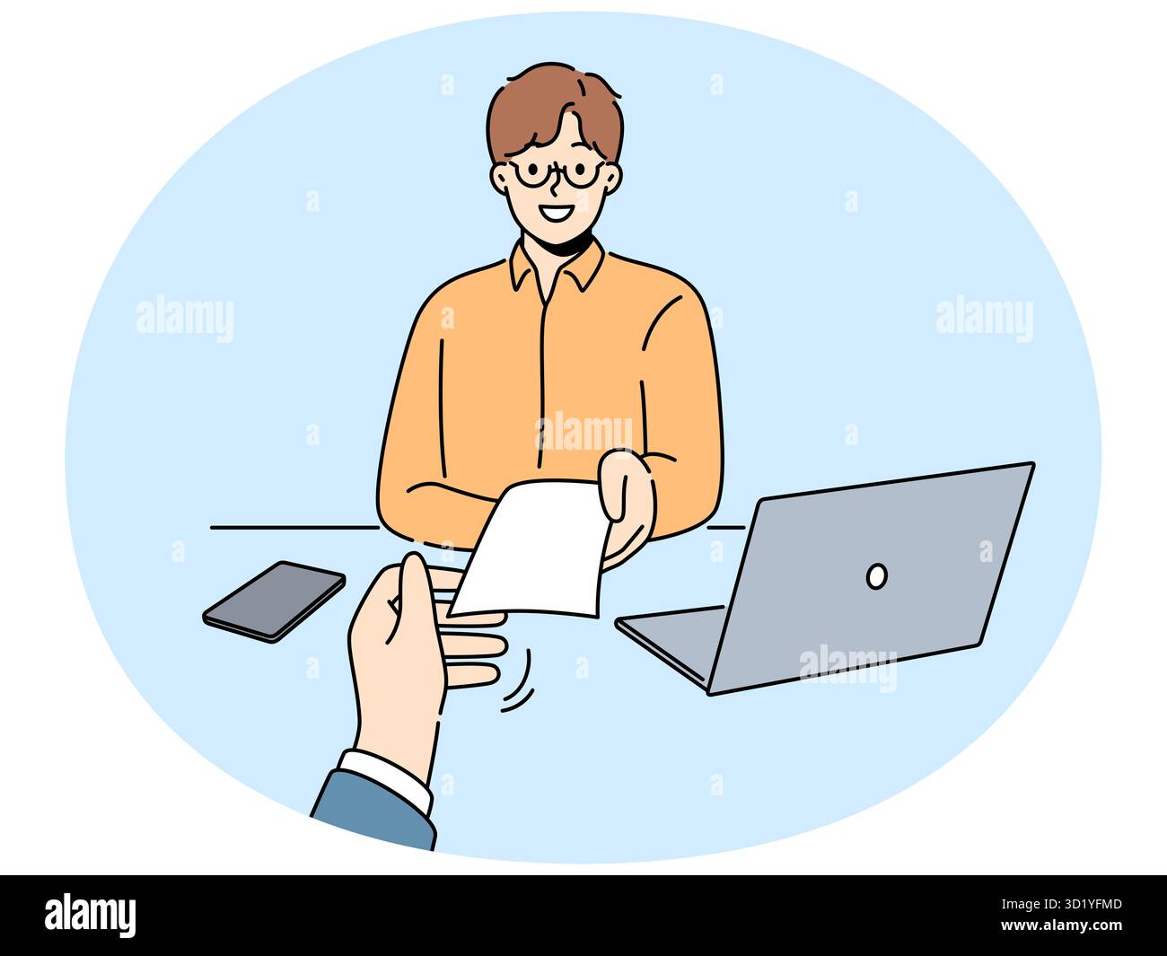 Sorridente datore di lavoro dare controllo al lavoratore in ufficio. buon uomo d'affari passa il pagamento al dipendente. Occupazione e compensazione. Illustrazione vettoriale. Foto Stock
