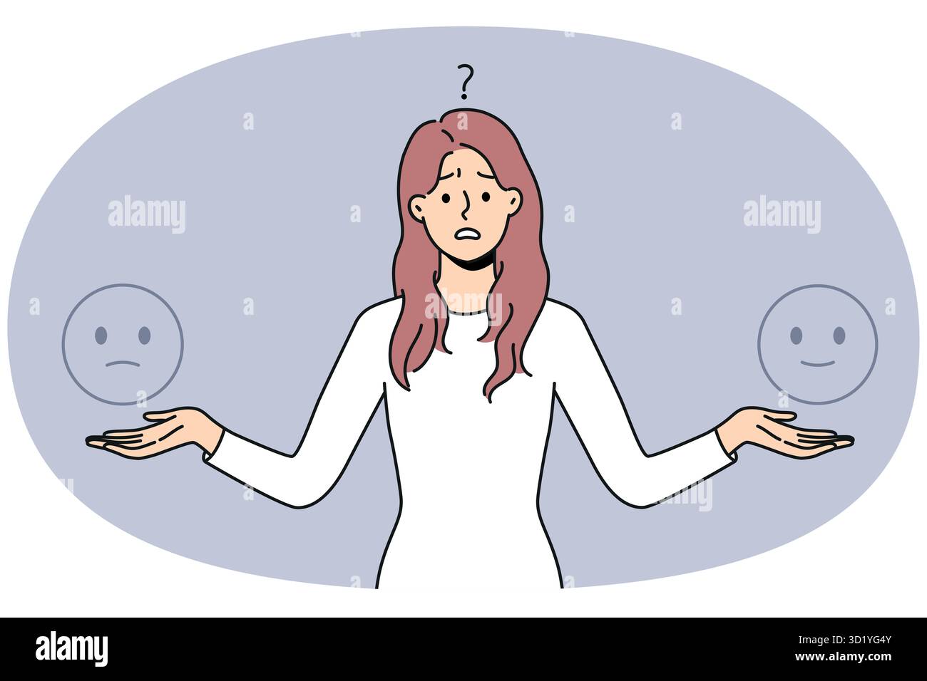 Confuso giovane donna sentirsi frustrato scegliere l'umore per il giorno. Infelice femmina dubbiosa circa l'esperienza o il feedback del cliente. Illustrazione vettoriale. Foto Stock