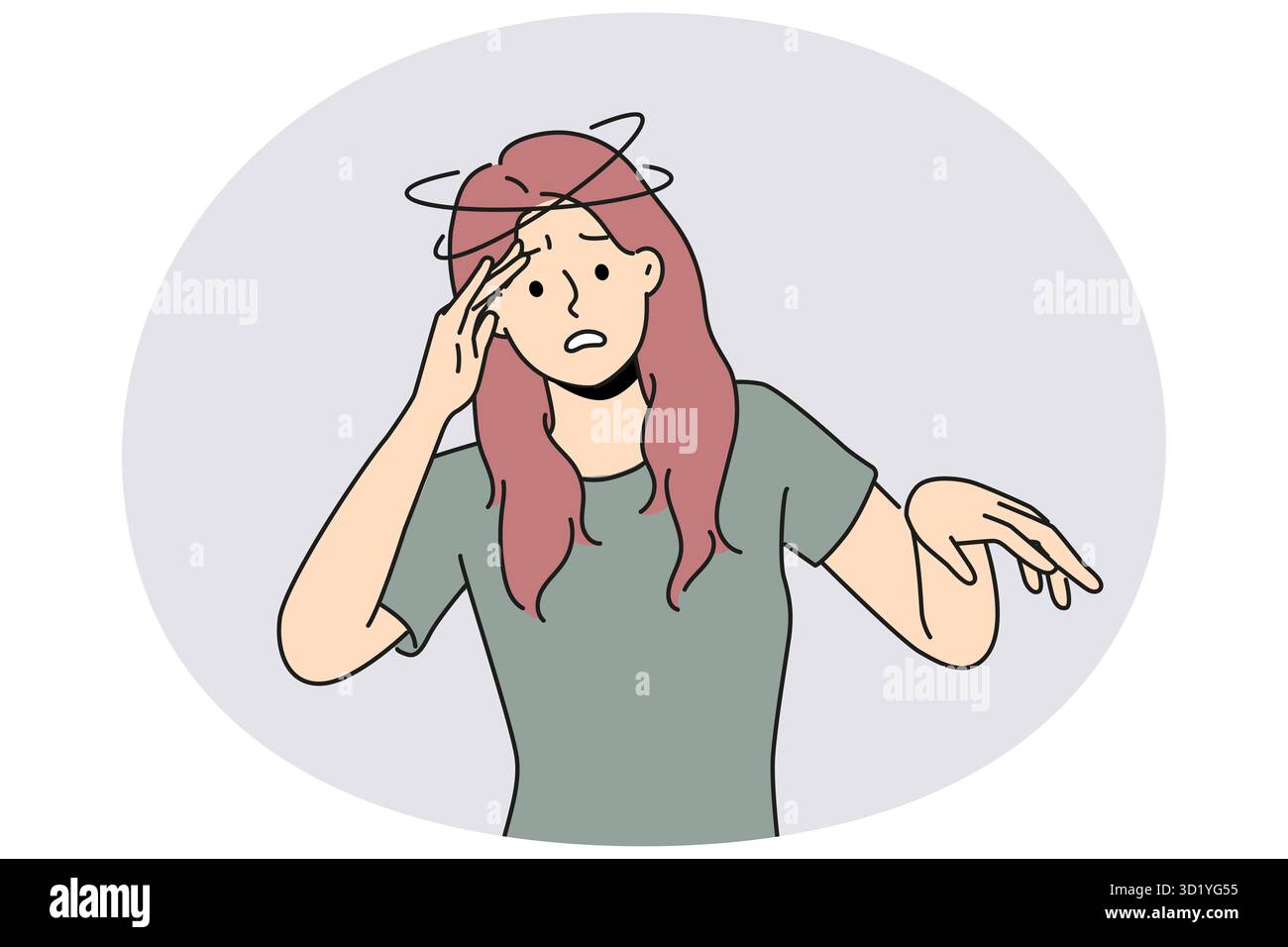 Donna malsana sensazione di capogiro. Stressato ragazza soffrono di attacco vertigini. Sanità e problemi di salute. Illustrazione vettoriale. Foto Stock