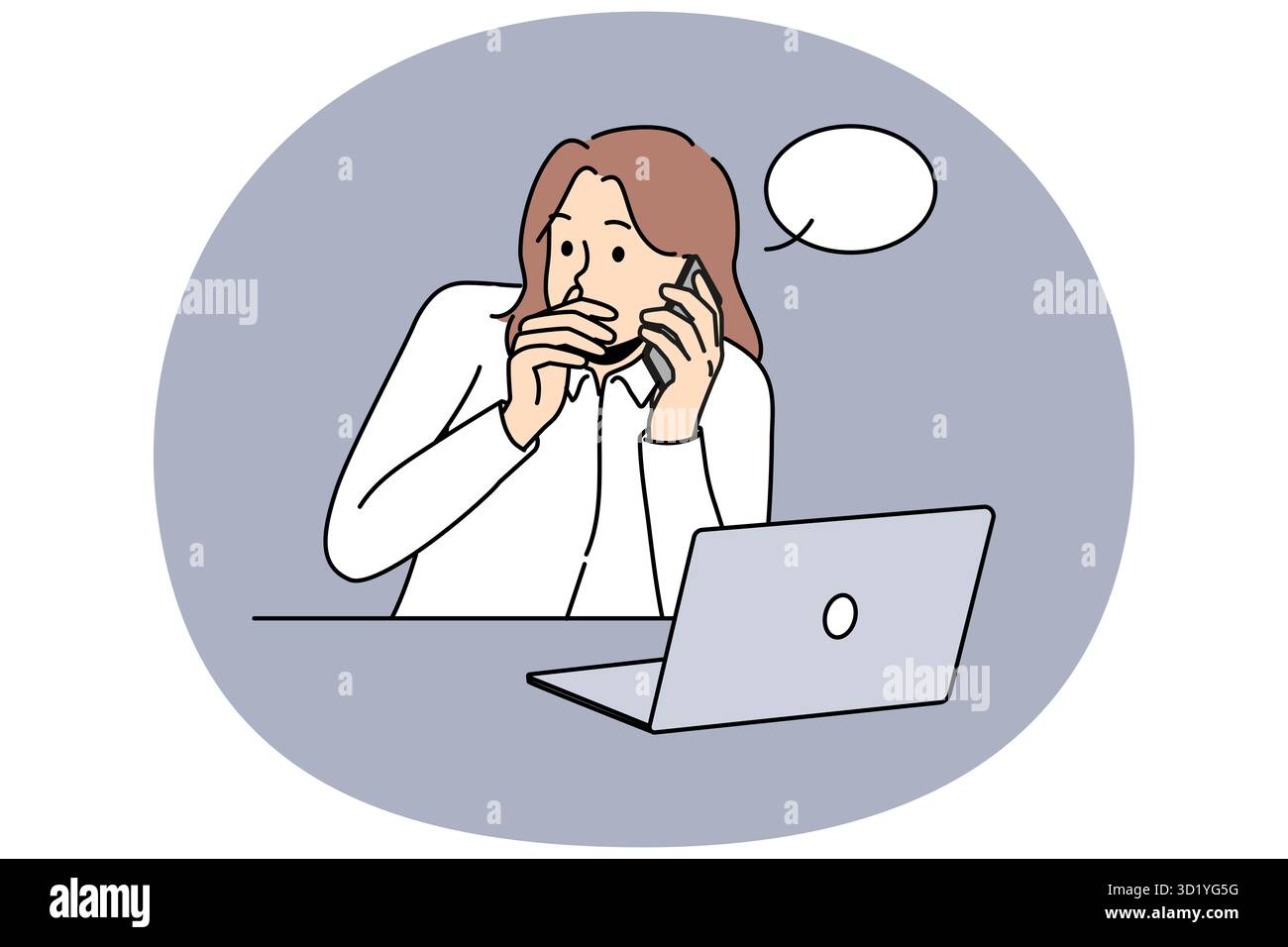 Dipendente femminile seduto alla scrivania lavora sul laptop che perde informazioni aziendali per rivale. Una donna d'affari condivide al telefono i dati riservati con la concorrenza. Vettore ill Foto Stock