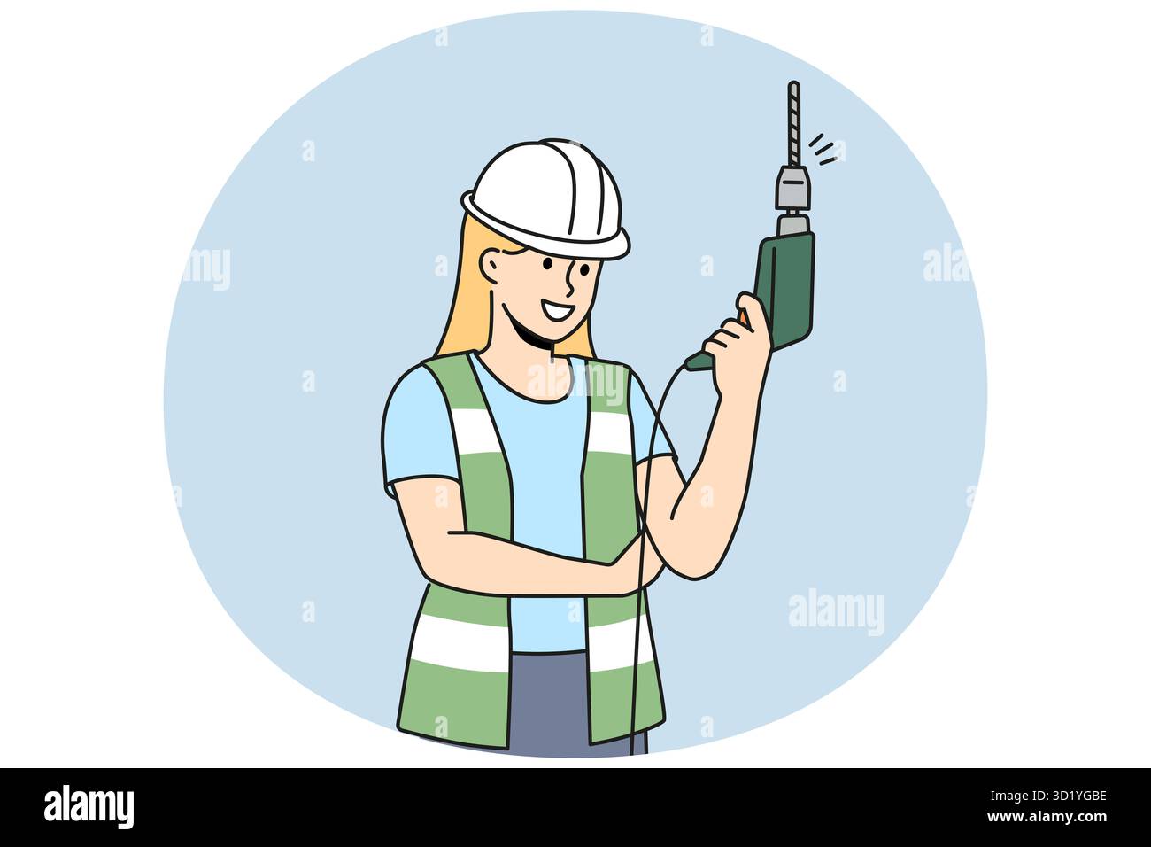 Donna sorridente in casco e uniforme con trapano elettrico in mano. Felice meccanico femminile nello strumento di tenuta dell'ingranaggio di protezione. Illustrazione vettoriale. Foto Stock