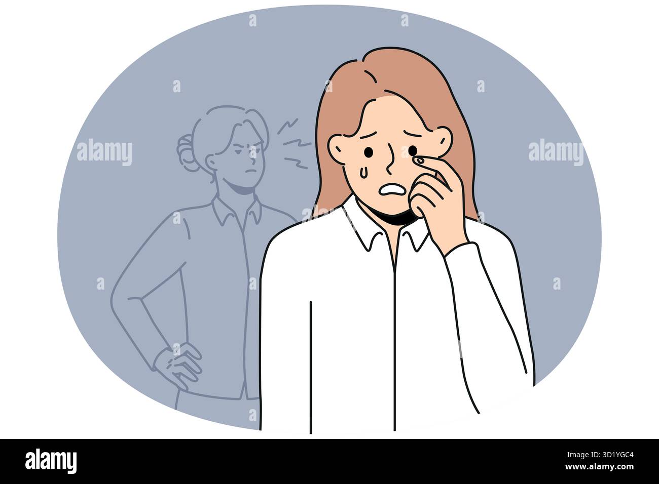 Il grido femminile stressato infelice soffre di molestie o bullismo in ufficio. La donna operaia afflitta lotta con incomprensioni o critiche di lavoro Foto Stock