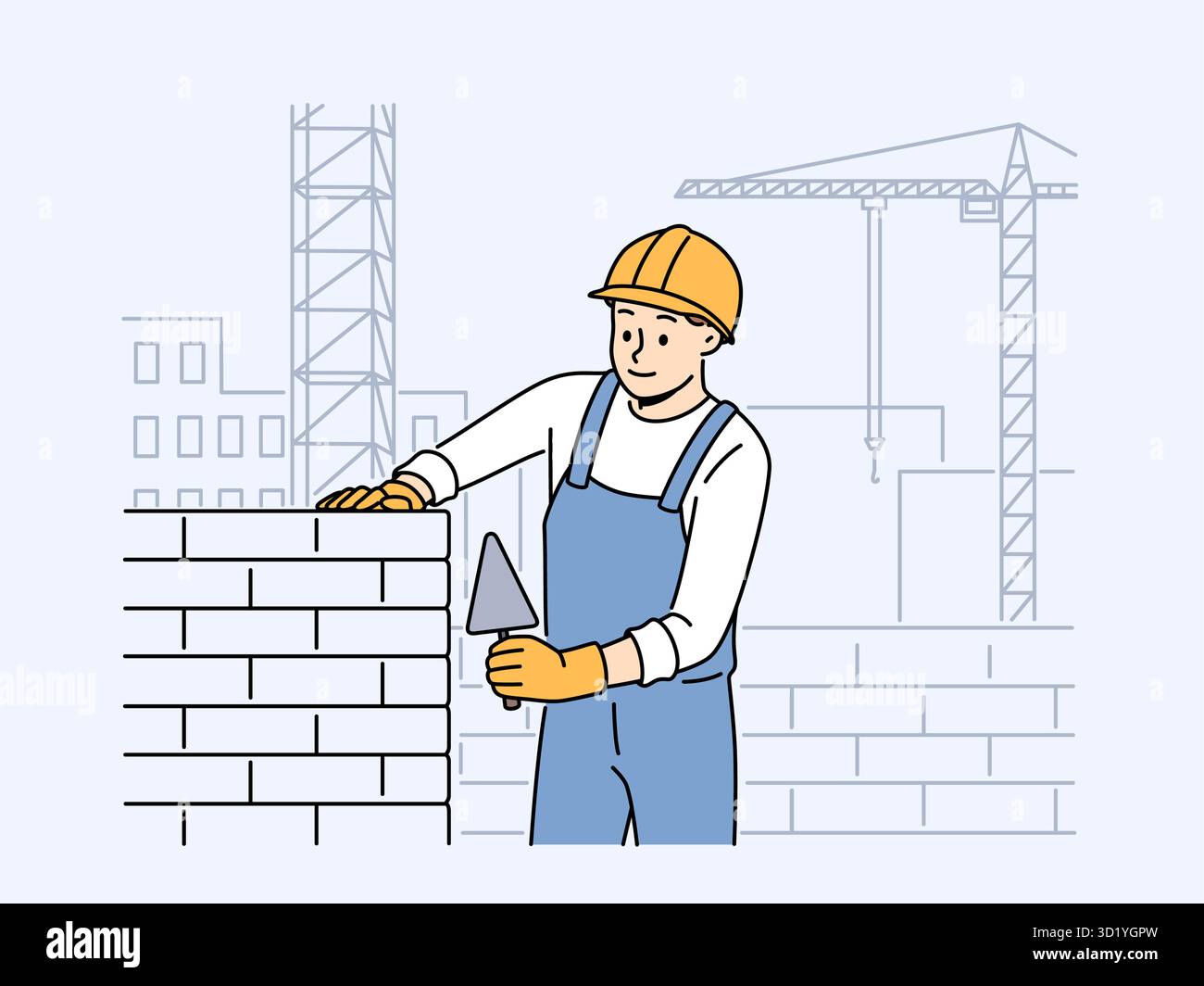 Lavoratore maschio positivo in uniforme e casetta di costruzione casco con mattoni. Uomo sorridente ingegnere impegnato nella posa di blocchi in cantiere. Illustrati vettoriali Foto Stock
