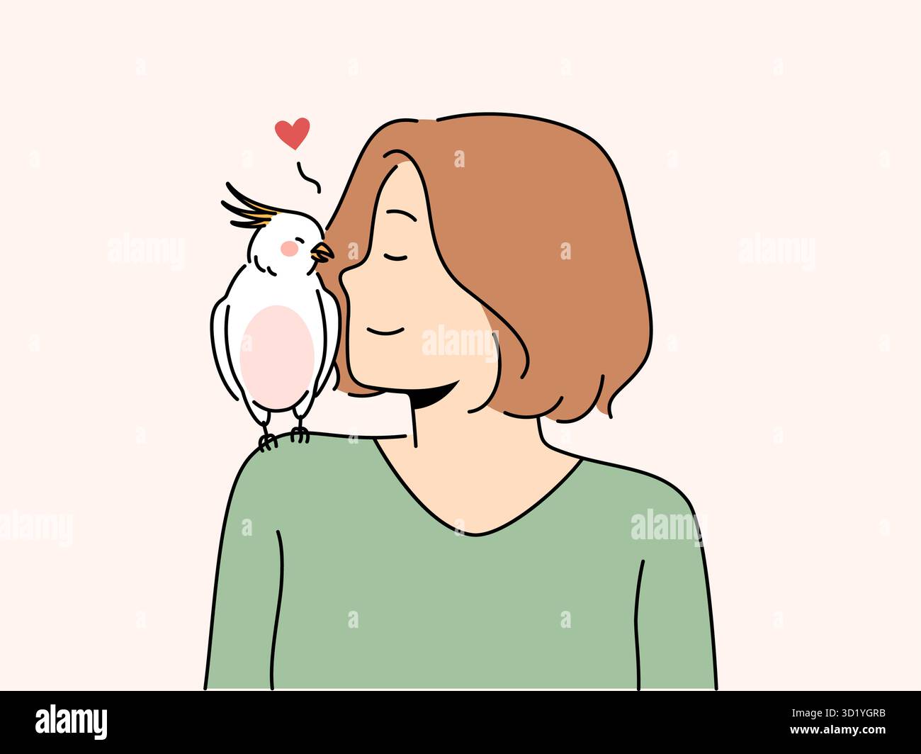 Donna felice con pappagallo seduto sulla spalla. Ragazza sorridente parlare coccole con uccello esotico. Concetto di ornitologia. Illustrazione vettoriale. Foto Stock
