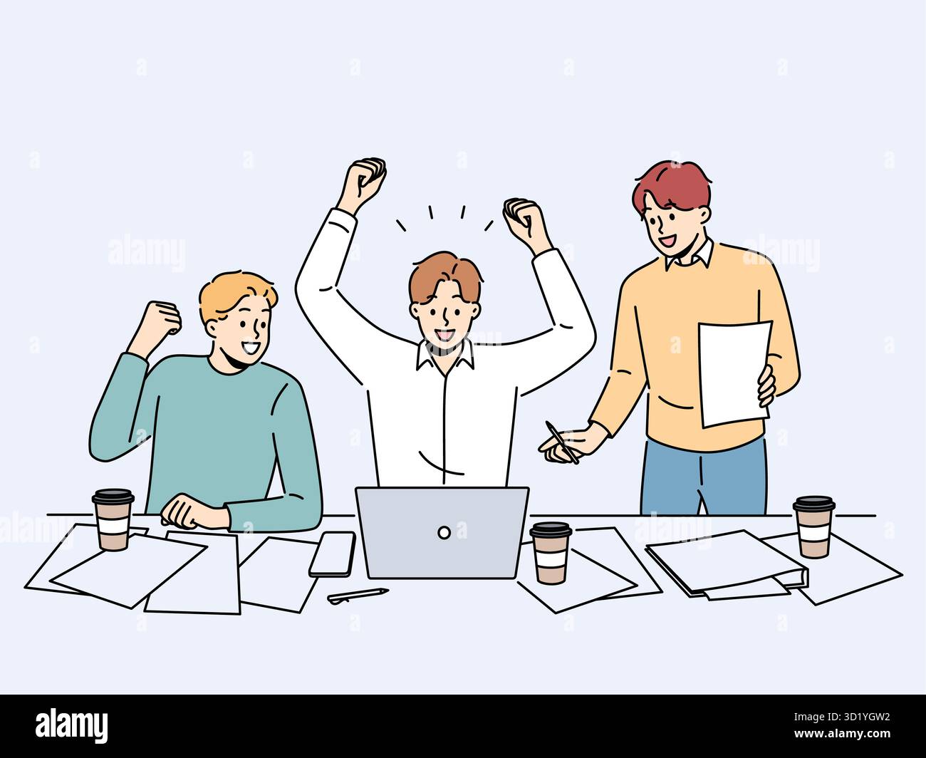 I dipendenti maschi sorridenti lavorano sul notebook festeggiano la vittoria online in ufficio. I colleghi felici trionfano con il successo o il successo del lavoro. Illustrazione vettoriale. Foto Stock