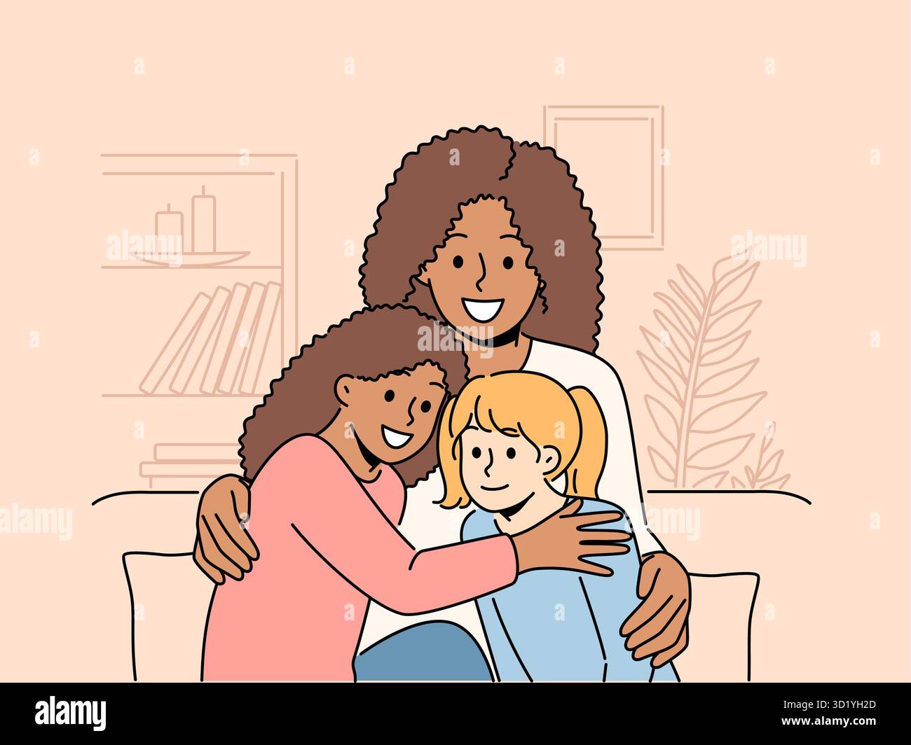 Donna afroamericana sorridente seduto sul divano con figlie multirazziali. Madre nera felice con bambini multietnici. Concetto di adozione. Illustrazione vettoriale Foto Stock