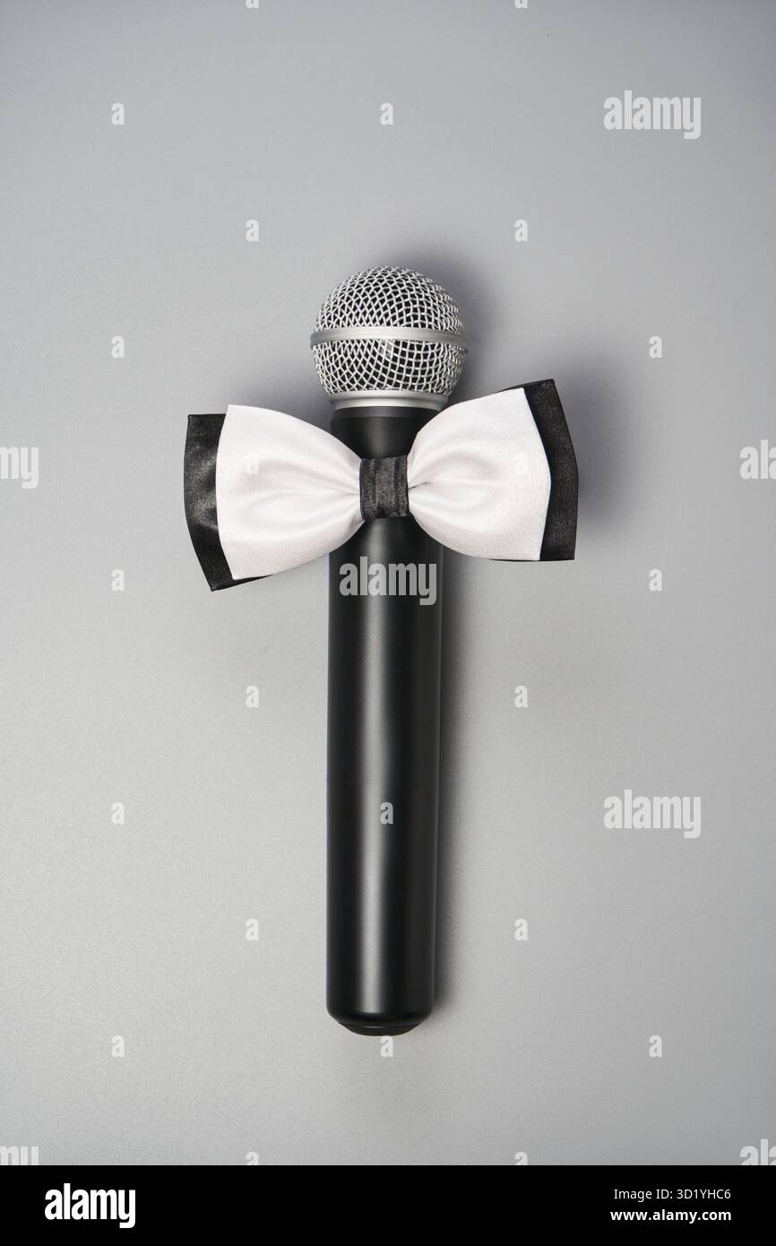 Concetto di microfono per ragazzi. Sfondo grigio. Artista cantante. Tessera parlante in pubblico. Persona del podcast di intrattenimento. Responsabile eventi. Vert Foto Stock