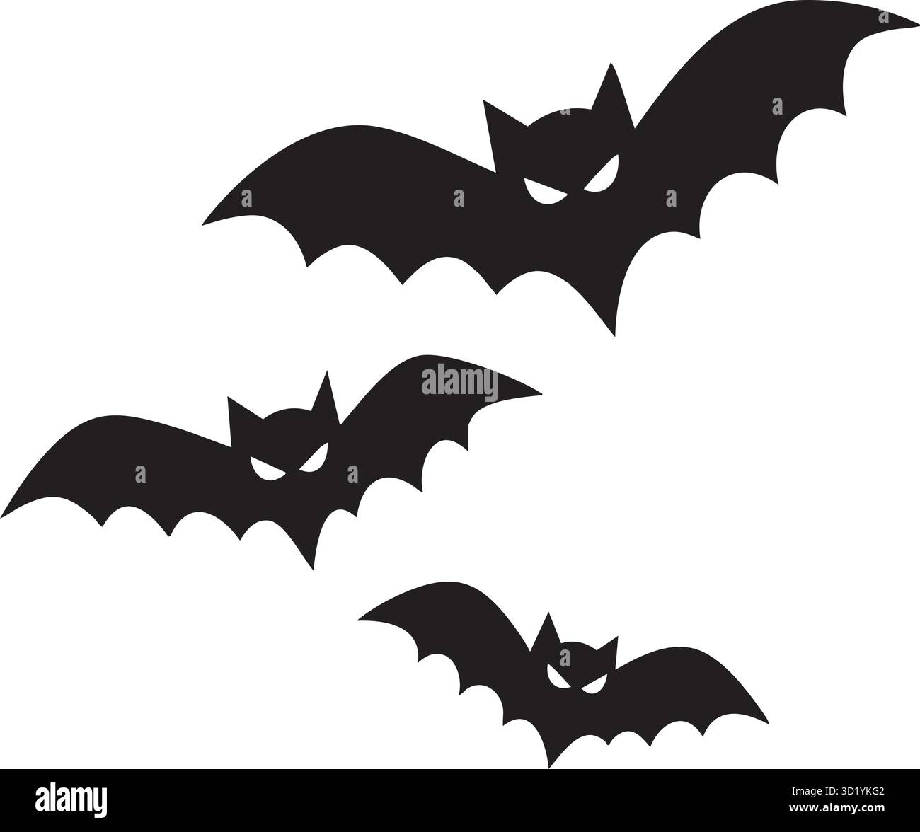 Set di tre spaventose silhouette Black Bat con Evil Eyes Flying isolato su sfondo bianco Illustrazione Vettoriale